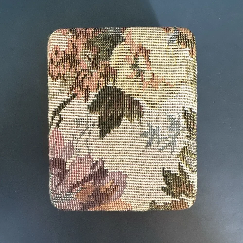 Vintage Tapestry Jewelry Box Travel Case Floral Needlepoint Coquette Case Holder